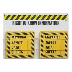 White wall-mount safety station for organizing and displaying safety documents, signs, or instructions. Overall dimensions: 20 in H x 14 in W x 5 in D. Mounting hardware not included. Suitable for industrial facilities requiring quick access to critical safety information.