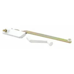 This right-hand surface-mount window operator is designed for casement windows. It includes a crank handle and features a powder-coated white finish. The base length is 4-3/4 inches. Suitable for residential and light commercial applications requiring manual window actuation.