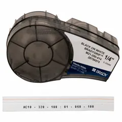 Polyester continuous label roll cartridge, black on white. 10 ft length. Compatible with M210 printer series. Used for industrial labeling, asset tracking, cable marking, and safety signage.