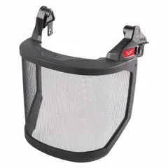 This face shield assembly is designed for use with BOLT™ series hard hats. The gray stainless steel visor is metal detectable, reusable, and X-ray detectable, making it suitable for environments where contamination control is critical. It provides face protection in industrial settings.