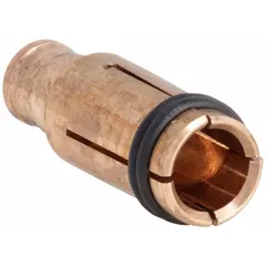 This copper collet is designed for B stud welding applications, aligning and holding studs during the welding process. It fits 1/4 in stud diameter and accommodates stud lengths from 1/4 in to 1 1/4 in. Suitable for use in industrial fabrication and metalworking.