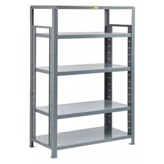This heavy-duty adjustable open welded shelving starter unit from LITTLE GIANT measures 48 inches wide by 24 inches deep with an overall height of 72 inches. Finished in Dove Gray, the open welded design provides visibility and airflow for storage of tools, parts, and bulk materials in warehouses and industrial facilities. This starter section can be combined with add-on units to form continuous racking systems.