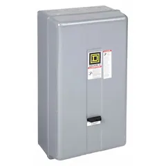 Enclosed non-reversing magnetic motor starter for starting and protecting three-phase motors. NEMA Size 3 rated at 90 A with three poles and a 480V AC coil. Requires three melting alloy thermal units (not included) for overload protection. Features screw clamp terminals; no operator controls, pilot light, or auxiliary contacts included.