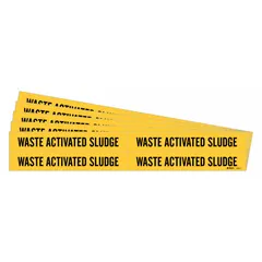 Adhesive pipe marker for identifying waste activated sludge lines. Yellow background with black legend text. Fits pipe outer diameters from 3/4 to 2-3/8 inches. Pack of 5 markers without arrows. Suitable for use in wastewater treatment and industrial piping systems.