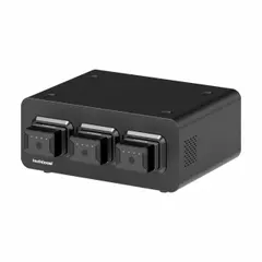 Tabletop charging station with overall dimensions of 8 1/4 in depth, 4 7/8 in width, and 6 in height. Equipped with a backlit on/off switch. Suitable for charging multiple devices in office, conference room, or retail counter settings.