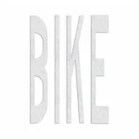 This RAE pavement marking is a white thermoplastic legend reading "Bike," measuring 4 ft long by 30 in wide. It is applied using a hand torch for permanent installation. Typical uses include designating bike lanes or shared-use paths on roads and parking lots