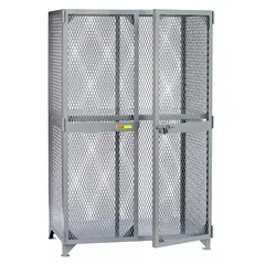 This ventilated shelf cabinet from LITTLE GIANT features a gray assembled frame with legs and one fixed shelf. The ventilated body panels allow airflow, making it suitable for storage of items requiring ventilation in industrial environments.