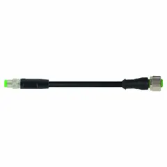 M12 female straight to M8 male straight cordset with PUR jacket, 10 m cable length, 24 AWG wire size, black jacket, IP68 rating. Suitable for connecting sensors and actuators in industrial automation, packaging, and robotics, particularly in twisting applications and wet or dusty environments.