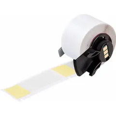 This precut label roll is made of vinyl with a matte yellow finish. Each label measures 2 1/2 in x 1 in and is designed for wire gauges from 6 AWG to 0 AWG. It is used with the M710 printer series and requires M7-R4300 ribbon. Typical applications include permanent identification and marking of wires in electrical installations and control panels.