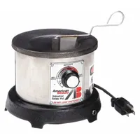 Solder pot with 600 W heating element and 3.5 lb capacity. Features an analog display and a round crucible with interior dimensions of 1-1/2 in depth and 3-1/2 in diameter. Used for tinning wires, cables, and small components in electronics manufacturing and repair