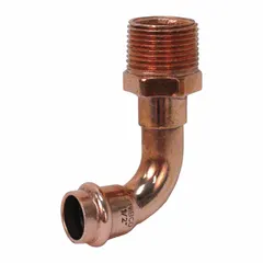 This NIBCO Press System 90° elbow is used in plumbing systems to change pipe direction. It connects 1 1/2 in CTS copper tubing to male NPT threads via a press-fit connection, eliminating the need for soldering. Suitable for water supply lines in commercial and residential applications.