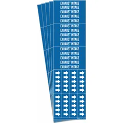 Blue adhesive pipe marker with white legend reading 'Exhaust Intake' and directional arrows. Fits pipes with outside diameter of 3/4 inch and smaller. Each pack contains 3 markers; sold in a 5-pack quantity. Used to label exhaust intake pipes in industrial piping systems for clear identification of contents and flow direction.