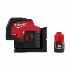 Green beam cross-line and dot laser level with electronic self-leveling. Projects two lines and two dots with an accuracy of ±1/8 in @ 33 ft. Operates on the M12 battery system. Used for alignment, layout, and leveling tasks in construction and installation applications.