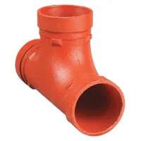 This grooved pipe tee connects three pipe branches in a piping system. It is made of ductile iron with an EPDM seal and rated for a maximum operating pressure of 300 psi at 150°F. Suitable for use in commercial and industrial piping applications such as fire protection, HVAC, and water services