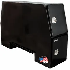 Steel four-door backpack truck box with offset base in gloss black finish. Overall depth 55 inches, overall height 24 inches. Equipped with T-handle and keyed lock for security. Suitable for securing tools and equipment in truck beds for fleet and maintenance applications.