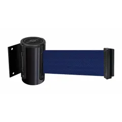 This wall-mount retractable belt barrier features a 7 1/2 ft blue belt and a black frame. It is designed for crowd control and queue management in commercial and industrial settings, providing temporary or permanent lane delineation.