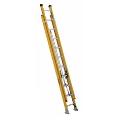 This 20 ft fiberglass extension ladder from DEWALT features a two-section design with a fixed fly and mar-resistant end caps. Rated for 375 lb load capacity, it is suitable for tasks requiring non-conductive access, such as electrical work, painting, and general maintenance.