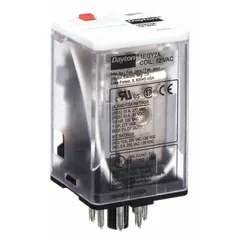 General purpose relay with plug-in octal base for socket mounting. DPDT contact configuration rated 10 A at 12V AC. Suitable for switching loads in control panels, automation equipment, and HVAC systems.