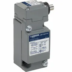 Metallic side-mount limit switch with plunger actuator and screw clamp terminals. Features 2 mounting holes. Used in industrial automation to detect position of moving parts.