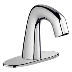 Centerset sensor bathroom faucet constructed from cast brass with a polished chrome finish. Part of the EQ Curved series, includes a 4" cover plate for installation. Designed for touch-free operation in commercial and institutional restrooms, healthcare facilities, and office buildings.