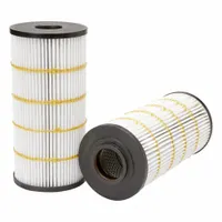Cartridge-type hydraulic filter with glass media material. Inside diameter of 2 1/16 inches. Compatible with hydraulic fluid. Designed for use in Caterpillar vehicles to remove contaminants from hydraulic systems