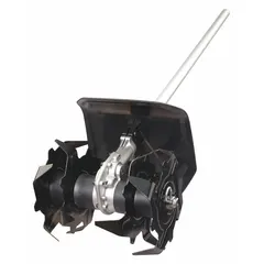 Cultivator attachment for EGO power heads. Overall length 9 inches, diameter 39 3/8 inches. Used for tilling and cultivating soil in gardens and landscaping, preparing seedbeds, mixing amendments, and weeding between rows.