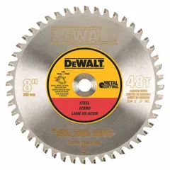 8-inch diameter circular saw blade with 48 teeth, 0.08-inch cut width, and 5/8-inch arbor. Solid stock construction for cutting steel and general ferrous metals in metal fabrication and construction applications.