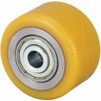 This wheel features a polyurethane tread bonded to a steel core, providing smooth rolling on hard floors while protecting surfaces from marking. With a 2-5/8 in diameter and 1-9/16 in width, it is suited for light-duty industrial carts, dollies, and material handling equipment. The tan tread color is standard for this type
