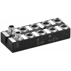 This IO-Link hub provides 16 digital inputs for connecting sensors and actuators in industrial automation. It features 5-pole A-coded M12 female connectors and an IP68 rating, suitable for harsh environments. The hub operates at 24V DC with COM3 communication at 230.4 kbit/s.