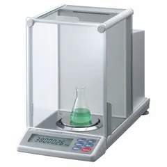 The A&D WEIGHING GH-200 is an analytical lab balance with a 220 g capacity, 0.0001 g readability, and 0.0001 g repeatability. It features an LCD display for clear readouts. This balance is used for precise weighing of small samples, powders, and reagents in laboratory settings.