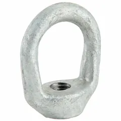 Steel eye nut with hot-dipped galvanized finish for corrosion resistance. Oval shape with 4 3/32 in inside diameter and 9 29/32 in height. Used in rigging and material handling for lifting and load securement.