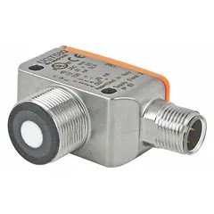Rectangular ultrasonic sensor with built-in 4-pin M12 connector and M18 threaded nominal diameter. Operates on 10-30V DC supply voltage with Analog/PNP output. Used for non-contact distance measurement and object detection in industrial automation, suitable for level monitoring, presence detection, and positioning regardless of target color or transparency.