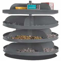 This revolving storage bin features four levels, each with four flat-bottom bins, providing 16 compartments for organizing small parts. The unit rotates for easy access to stored items. Typical applications include sorting and storing hardware components such as nuts, bolts, and fasteners in workshops or industrial settings.