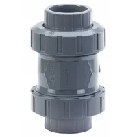 PVC ball check valve with inline body, socket x socket connections, and 3/4 in pipe size. PVC ball material. Temperature range 32°F to 140°F. Prevents backflow in piping systems, suitable for horizontal or vertical installations