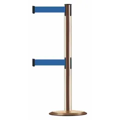 This retractable belt post barrier features a blue belt 7 1/2 ft long and 2 in wide. The post and base are constructed from steel. Used for crowd control, queue management, and safety delineation in industrial facilities, airports, and event venues.