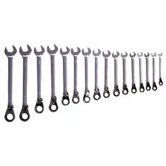 Set of 16 metric combination wrenches with 12-point ratcheting box ends, made of alloy steel with a chrome finish. Wrenches range from 8 mm to 25 mm and are stored in a tool roll. Suitable for tightening or loosening metric fasteners in maintenance, repair, and assembly tasks.