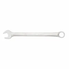 Alloy steel combination wrench with satin finish. SAE 12-point box end and open end for turning large bolts and nuts. 1-13/16 in head size, 25-1/2 in overall length. Used in heavy-duty fastening and loosening applications in industrial maintenance and automotive repair.