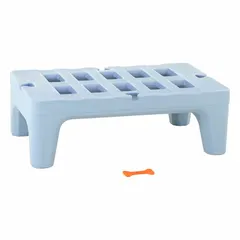 Assembled polymer dunnage rack in blue with natural finish. Measures 12 x 22 x 36 inches with 1500 lb load capacity. Includes modular connector and is Bow-Tie compatible. Antimicrobial resistance properties. Used in industrial and commercial settings to organize and protect work-in-process parts, tools, or materials.