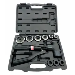 This knockout punch tool kit creates holes in steel panels and enclosures. The set includes six hydraulic punch dies, three adaptors, two power screws, a drill bit, and a carrying case. Punch range is 1/2 in to 2 in.