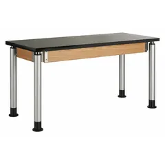 Fixed-height lab table with a phenolic countertop in an oak wood finish. Overall height 39 inches, length 4 1/2 feet. Suitable for laboratory, educational, and industrial work environments requiring a chemical- and moisture-resistant work surface.