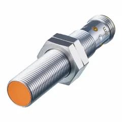 Shielded cylindrical inductive proximity sensor with built-in 3-pin M12 connector. PNP output, 3-wire configuration. DC supply voltage 10-30V. Detects metallic objects without contact for position sensing, presence detection, and end-stop monitoring in industrial automation.