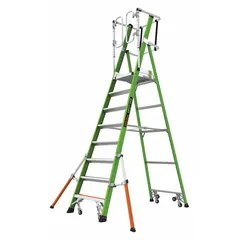 This 8 ft fiberglass podium stepladder features a rolling safety-cage and outriggers for stability. With a 375 lb load capacity and 21 in x 18 in platform, it is suited for elevated tasks in industrial maintenance, construction, and warehouse settings.