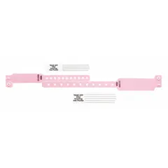 Vinyl security wristbands in pink, supplied in a 300-pack. Each wristband measures 9 3/8 inches in overall length and 1 1/4 inches in overall width. Suitable for temporary identification and access control at events, hospitals, or industrial facilities.