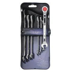 This 7-piece wrench set includes metric sizes from 8 mm to 17 mm. Each wrench features a 12-point ratcheting box end for faster fastener turning in confined spaces. The chrome finish provides corrosion resistance. Suitable for automotive repair, machinery maintenance, and general assembly tasks.