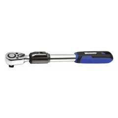 This reversible ratchet features a chrome finish and a 5° minimum arc swing. With an overall length of 17 1/4 inches, it is suited for tightening and loosening fasteners in confined spaces during general maintenance and assembly tasks.