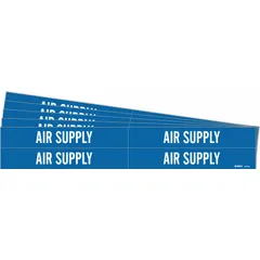 Blue adhesive pipe marker with white 'Air Supply' legend for identifying compressed air or pneumatic supply lines. Fits pipe outer diameters from 3/4 to 2-3/8 inches. Pack contains 4 markers. No directional arrows.