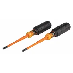 This 2-piece set includes one Phillips and one slotted tip screwdriver, each with a 1/4 in tip size. The slim-tip design and insulation provide protection when working on live circuits up to 1000 V. Suitable for electrical maintenance and repair tasks requiring shock protection.