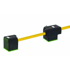Double-valve solenoid connector cordset with two DIN Form A female right-angle connectors and bare wire terminations. Features a 10 m PUR cable with yellow jacket, 18 AWG wire size, and 150 mm DIN connector spacing. Rated IP67 for use in industrial automation, pneumatic, and hydraulic systems requiring reliable electrical connections between valve manifolds and control systems.