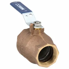 This NIBCO bronze ball valve features a 2-inch straight pattern with female NPT threads on both ends. It is equipped with a lever handle and rated for a maximum pressure of 600 psi CWP. Suitable for on/off flow control in plumbing and process piping systems handling water, oil, or gas.