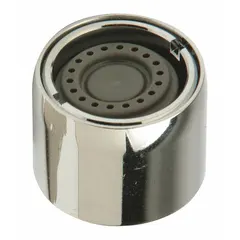 This brass aerator features a spray flow outlet and chrome finish. With a 3/4"-27 connection size, it is used in faucet systems to provide a directed spray pattern while conserving water.